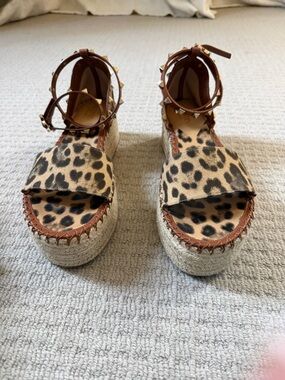 Valentino Leopard Print Espadrille Wedge Sandals with Studded Brown Ankle Straps